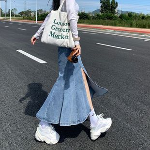 气质辣妹a字牛仔裙ins 鱼尾裙半身裙女春夏百搭高腰开叉包臀中长款