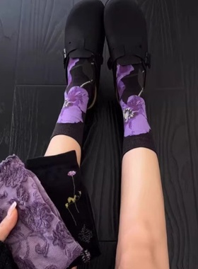 少女紫色浮雕中筒袜ins潮女袜时尚气质袜子配鲨鱼裤甜美百搭彩袜