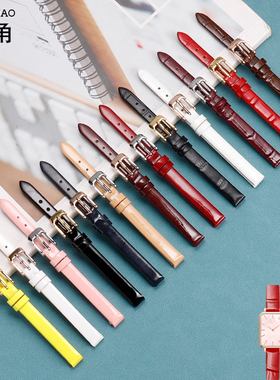 真皮手表带女士超薄柔软适配小绿色天聚利时卡西欧漆皮亮光细表链