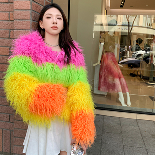 秋冬新款小众粉绿黄橘撞色毛毛皮草外套女仿滩羊毛长毛毛短款彩色
