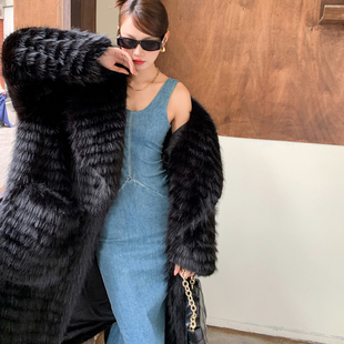 芬兰狐黑条纹环保皮草长款宽松西服翻领仿毛毛外套女托卡口袋大衣