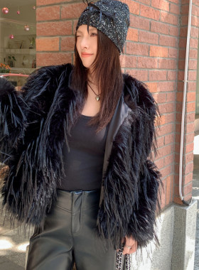 秋冬新款小众粉火鸡毛毛皮草外套女仿羊毛长毛毛短款黑色白色