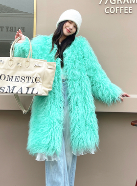秋冬新款小众毛毛水光绿色皮草外套仿滩羊毛长毛V领长款上衣