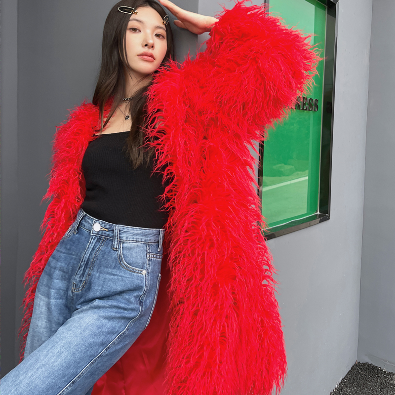 长款羊毛皮草小众红色毛毛