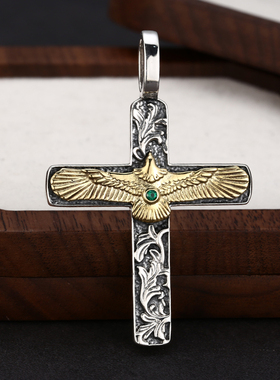 S925纯银个性复古轻奢唐草纹飞鹰十字架吊坠复古潮人饰品项链挂坠