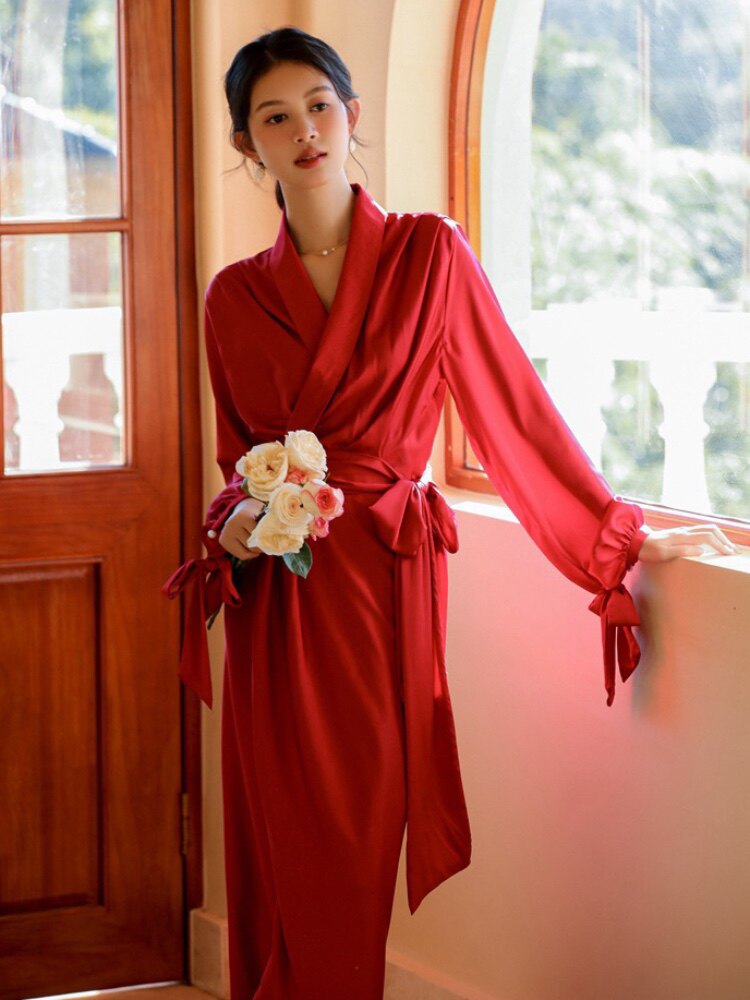 TESS WEDDING MORNING GOWN FEMALE BRIDE AUTUMN WINTER 2025 NEW LUXURY NIGHTGOWN RED PAJAMAS MORNING SHOOT DRESS