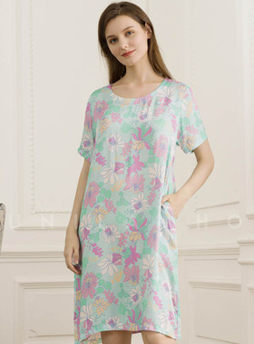 富妮来2025春夏女印花薄款圆领套头人棉短袖家居服睡裙F-A6821