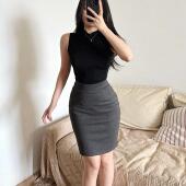 OL风秋季 百搭短裙半身裙 高腰后开叉性感显臀修身 新款 女防走光底裤