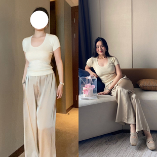 纯色仿醋酸缎面阔腿裤 薄款 显瘦T恤上衣女夏季 气质简约大U领修身