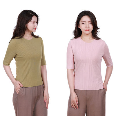 white collar草绿粉色新条纹褶圆领中袖套衫NTIAOWZ0FA201
