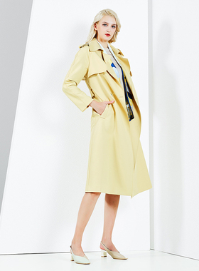 白领黄色麻纱方领前后雨搭肩袢双排扣系带长风衣CAISEMA21-801