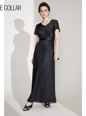 白领圆领全身拼镂空条上身缝石短袖长礼服连衣裙  GNY17-301