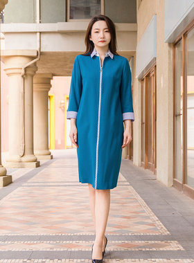 white collar方领门襟拼兰条边拉链九分袖连衣裙OL-SHUZIL0FL301