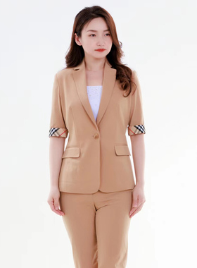 white collar驼色速干西服领短袖拼米咖格翻边上衣SUGAN03A610