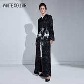 白领黑白定位爬领暗门襟系带长风衣HEIBDW17 801