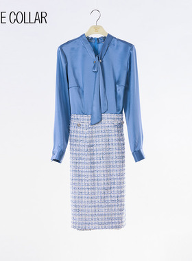 white collar白领兰灰醋酸粗纺飘带领长袖连衣裙OL-LANBL23-301