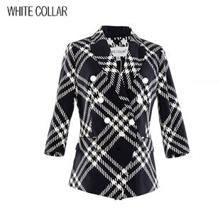 601 HEIBLX19 白领黑白菱形格棉西服领双排六粒白扣七分袖 上衣OL