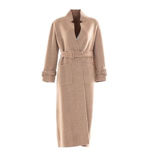 白领羊毛双面立V领无扣系带贴袋长大衣 GNBJ18-LOV908