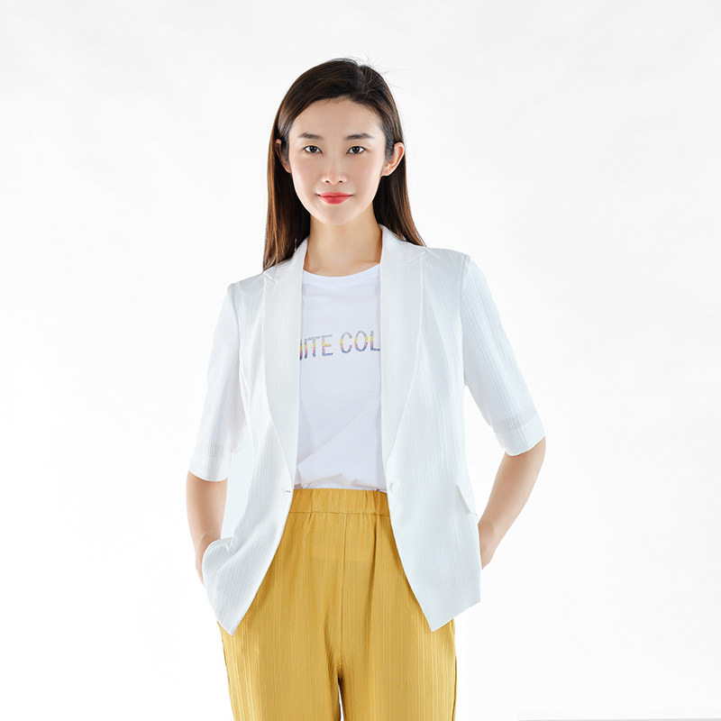 白领女装新款白色条纹褶戗驳领一粒扣短袖上衣OL-TIAOWZ21-602