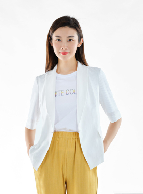 白领女装新款白色条纹褶戗驳领一粒扣短袖上衣OL-TIAOWZ21-602
