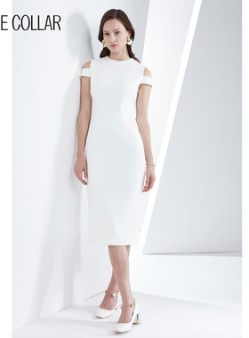 白领白色小圆领无袖露肩带连衣裙GNBJ17-320