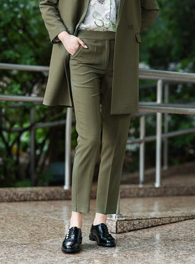 白领黄色米色牛油果绿橄榄绿弹力仿麻瘦腿长裤TLFM20-1
