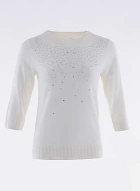 白领简洁优雅短款气质烫钻七分袖羊毛针织衫SHP2226A