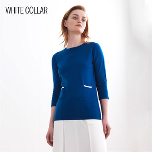 251 ZHWOO19 白领孔雀兰红色羊毛圆领拼白边一手长中袖 套衫