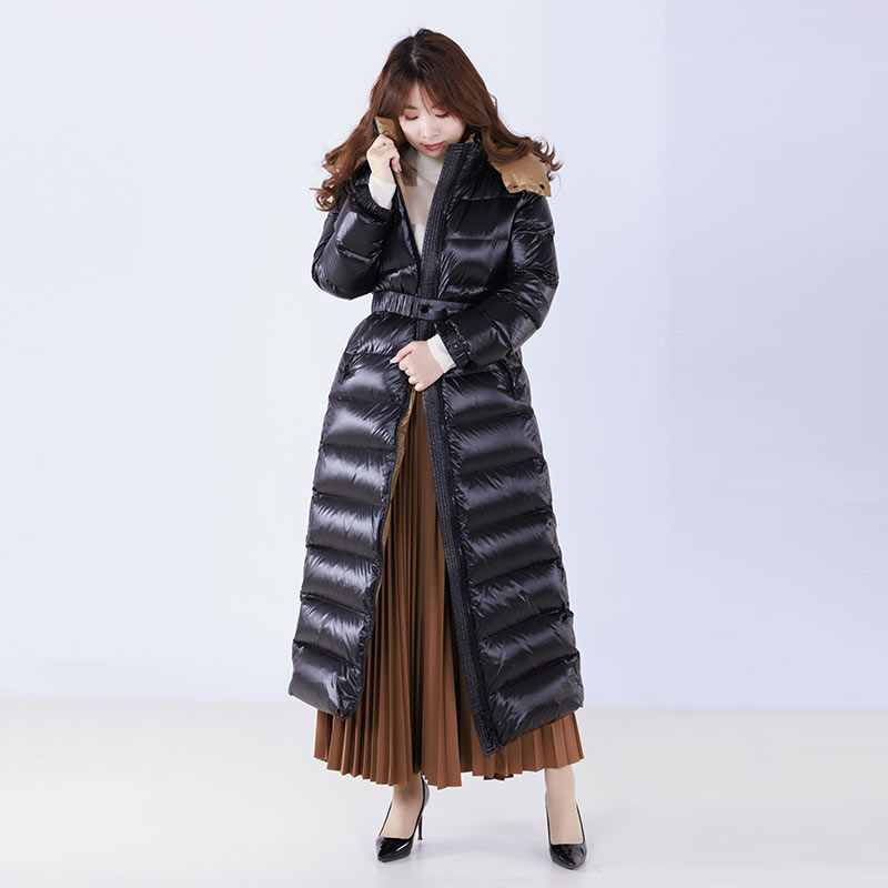 白领立领带帽收腰长款