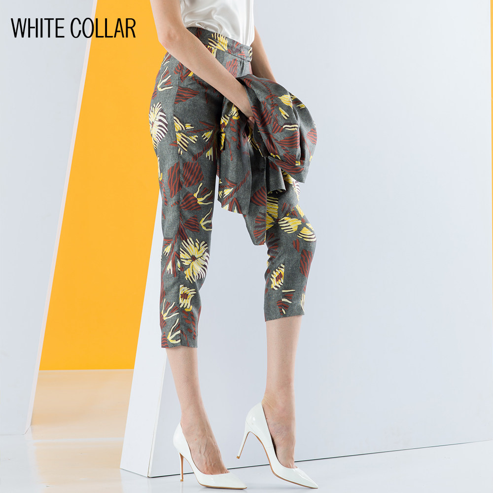 白领女装 灰黄花真丝裤角开叉九分裤 huihh18-1