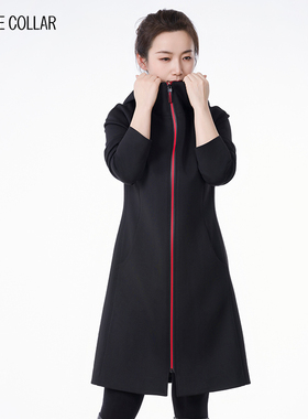 white collar黑色高弹力可裁剪带帽红拉链长袖长风衣HEIKC0FA801