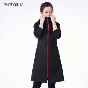 white collar黑色高弹力可裁剪带帽红拉链长袖长风衣HEIKC0FA801