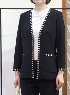 white collar黑色V领缝钻饰边小香风九分袖挂勾开衫上衣GNY23-602