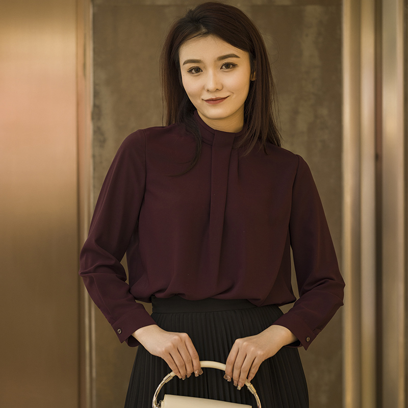 白领立领压褶后拉链长袖