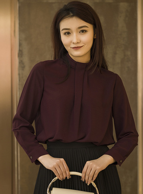 white collar紫色立领压褶后拉链长袖衬衫CHENSH0FA206