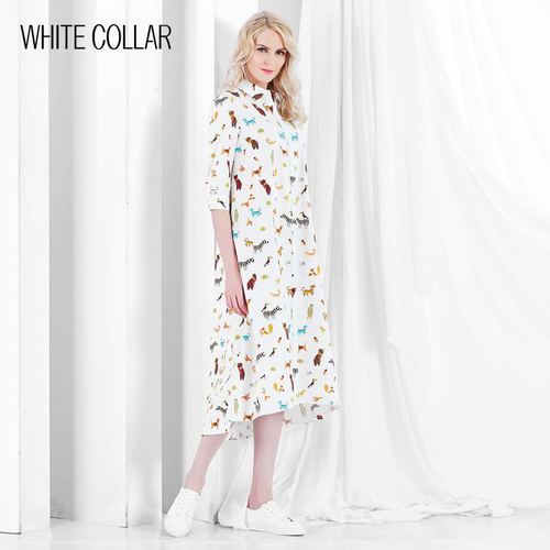 白领白棉小猫方领七分袖连衣裙