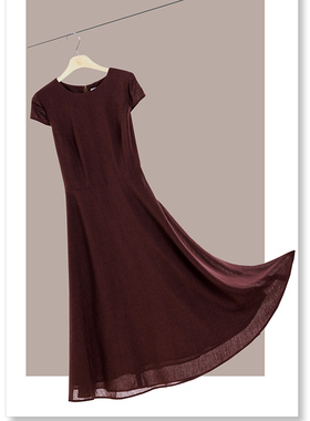 white collar咖啡薄醋酸圆领坎袖大摆连衣裙BCUS03L302