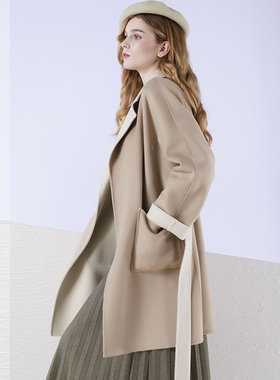 white collar米白双面羊毛羊绒西服领插肩系带中大衣LOVYMQ0FA922