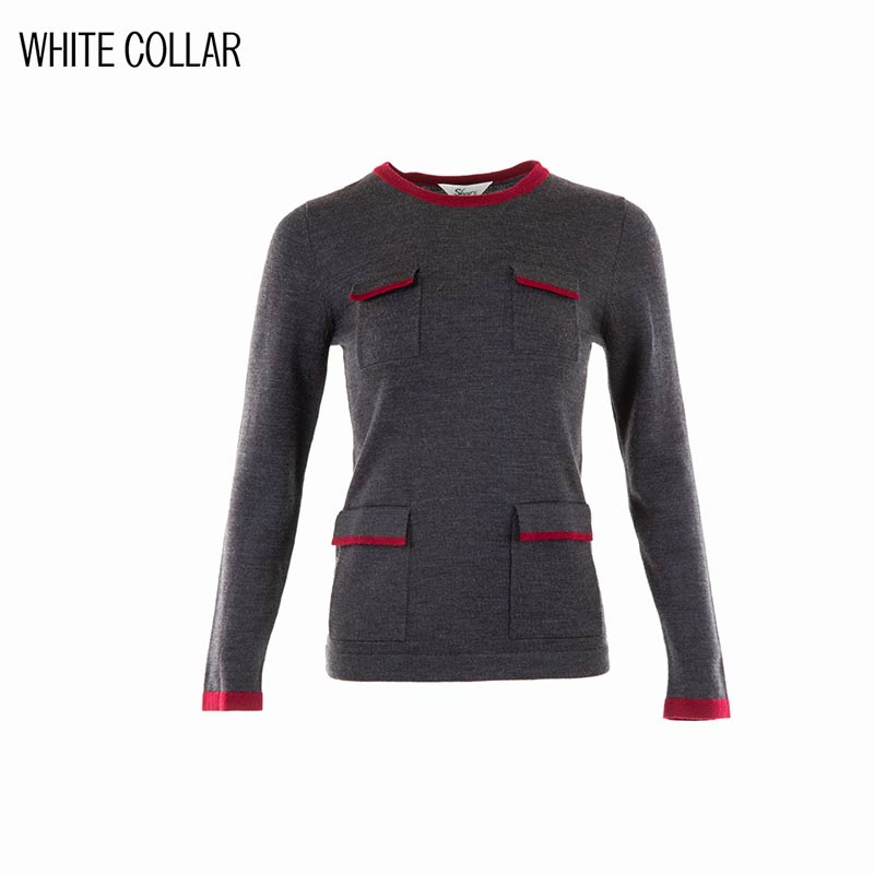 深灰羊毛酒红圆领长袖套衫