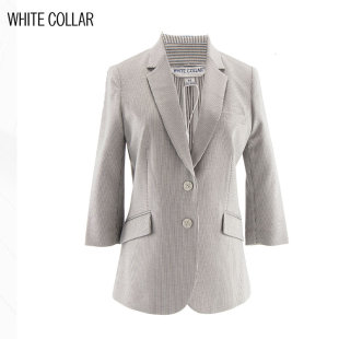 白领灰白细条弹力可裁剪细西服领两粒扣上衣OL 601 TL18
