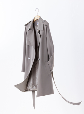 white collar灰绿方领肩袢雨搭双排扣系带短风衣E-HUILV03A810