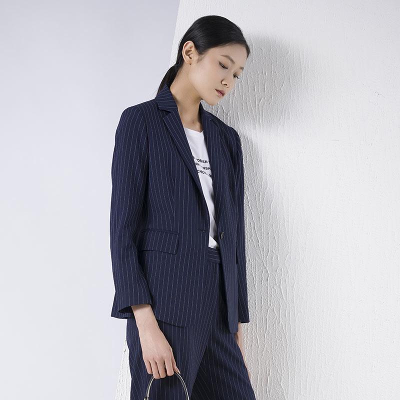 白领藏蓝色条纹显瘦收腰西服外套
