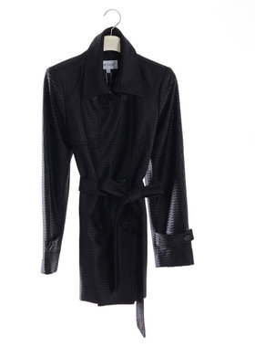 white collar黑色编织方领前搭片双排扣系带短风衣HEISBZ03A810