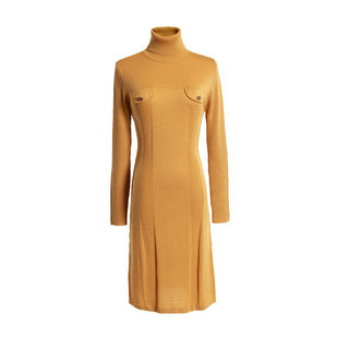 针织连衣裙WOO12 土黄羊毛二翻领长袖 白领女款 30F 专柜款