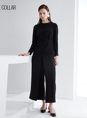 白领黑色STA小圆领前侧下摆压皱长袖上衣GNBJ17-607