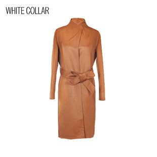白领女装焦糖色双面羊毛立翻领无扣系带中长款大衣E-LOVSC17-920