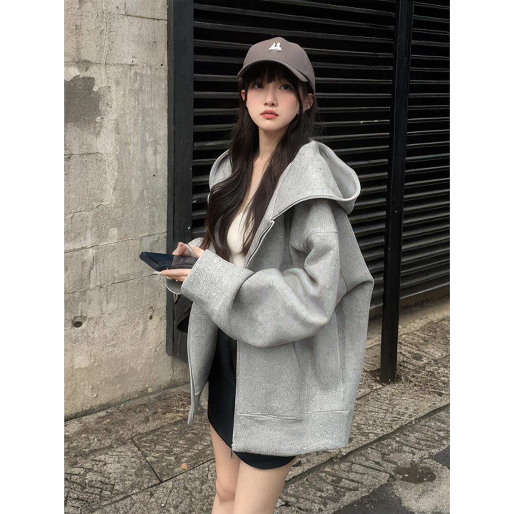 灰色卫衣女2025新款外套拉炼开衫爆款秋冬季连帽宽松加绒加厚上衣