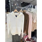 BM官网秋冬新款 毛衣bm百搭拉炼外套针织上衣女潮 浅粉麻花连帽开衫