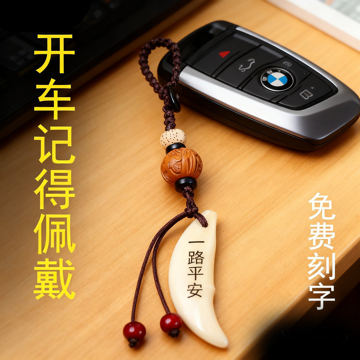 【免费刻字】黑狗牙钥匙扣挂件汽车背包吊坠保平安本命年桃木蛇年