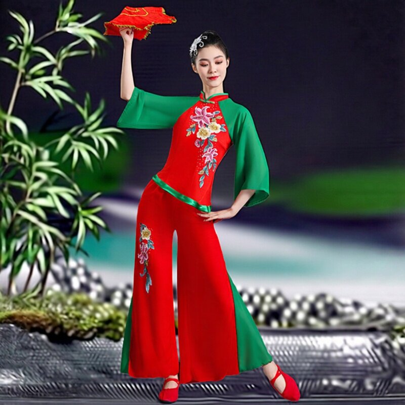 新款秧歌演出服女中国风扇子舞伞舞蹈表演服中老年人喜庆腰鼓服装